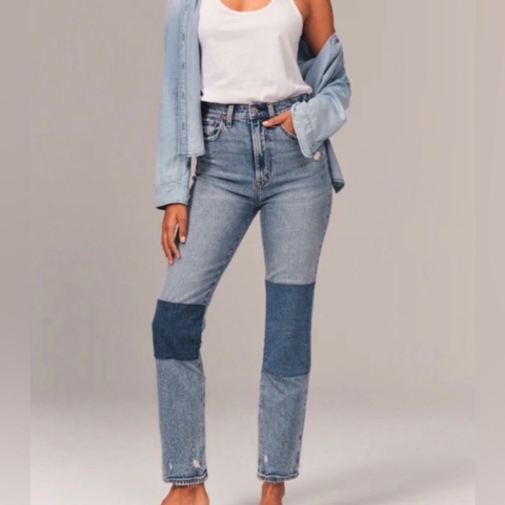 Mid Wash Abercrombie Patchwork. Ultra Hight Rise The Ankle Straight Jeans Sz 26